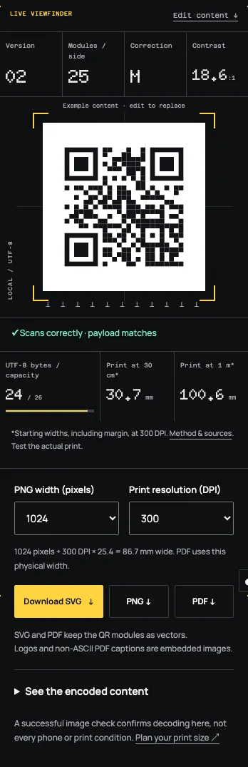 The mobile dark-theme proof panel keeps the QR artwork dark on white and shows export controls.